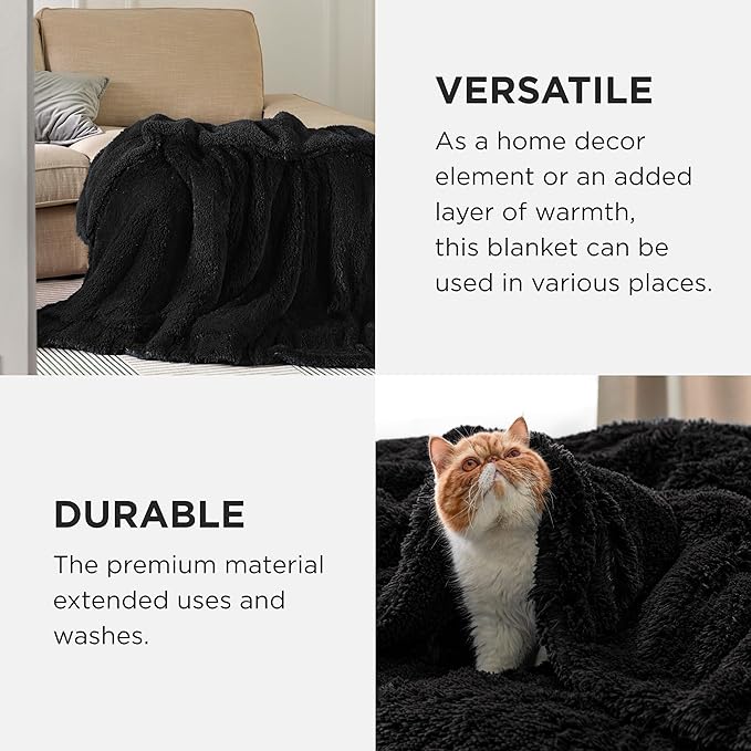 Bedsure GentleSoft Fluffy Black Throw Blanket Gifts for Men, Black Decor Soft Cozy Fuzzy Plush Minky Thick Warm Sherpa Fleece Faux Fur Throws for Couch Bed, Furry Blanket Gifts for Mom Dad, 50x60