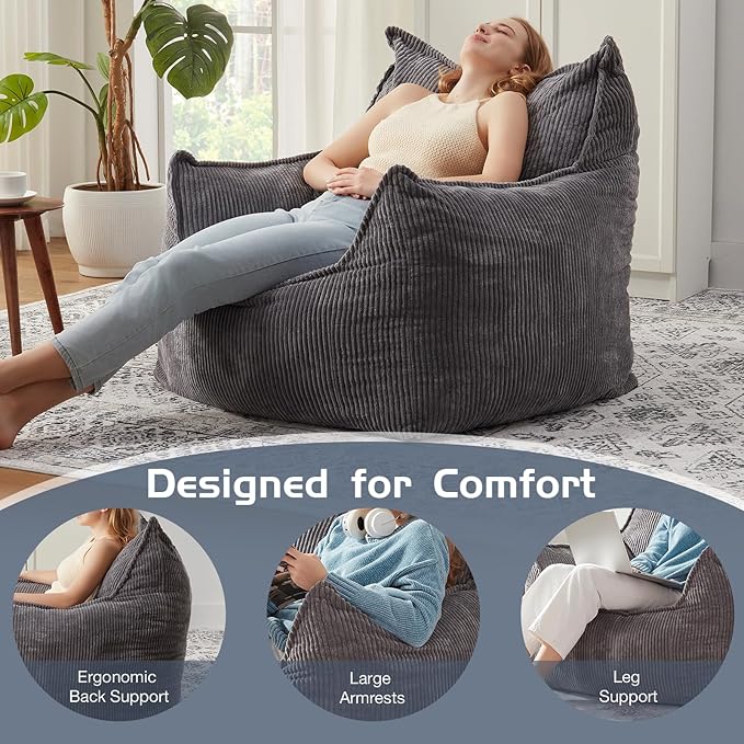Giant Bean Bag Chair Sofa for Adults Teens, Comfy Corduroy Large Bean Bag Chairs with Armrests for Bedroom Living Room, Adult BeanBag Lazy Sofa Couch Chairs with Filler Included