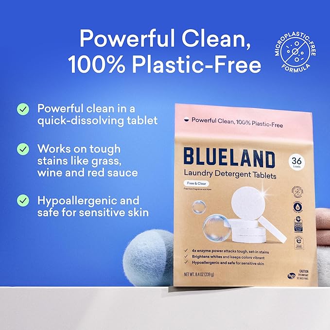 BLUELAND Laundry Detergent Tablets, 120 Count, Plastic-Free Eco-Friendly Pods, Sheets, Liquid Alternative - Fragrance Free and Clear, Natural, Gentle