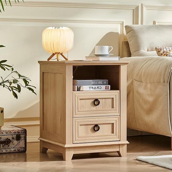 18" Farmhouse Night Stand with Charging Station, 2 Drawers Bedside End Table, Natural Wooden Nightstand, Bed Side Table Cabinet with Open Shelf for Bedroom Living Room Office