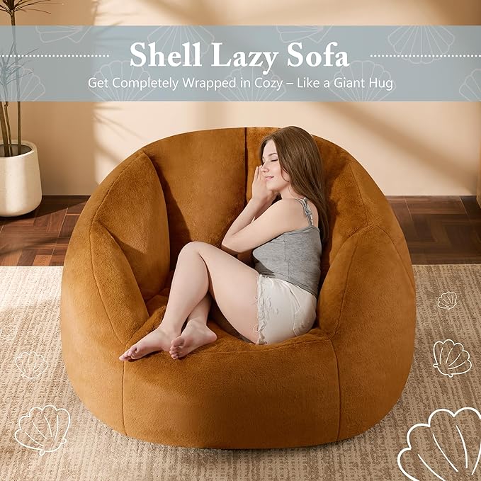 Giant Bean Bag Swivel Chair for Adults - Comfy Plush Round Shell Soft Accent Chaise Lounge Indoor Chair, Oversized Cozy Floor Sofa for Living Room, Bedroom & Game Rooms, Orange