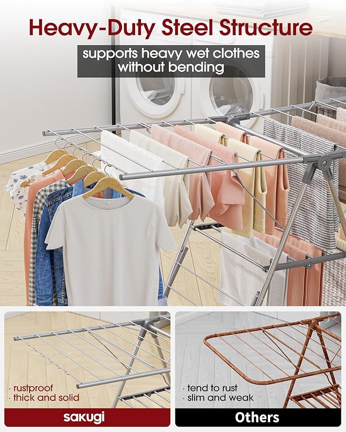 Clothes Drying Rack - Foldable Laundry Drying Rack for Clothing & Bedding, Easy-to-Assemble, Space-Saving Metal Airer with Non-Slip Feet, Indoor & Outdoor Use, 55.5"×22.8"×36.6", Gray