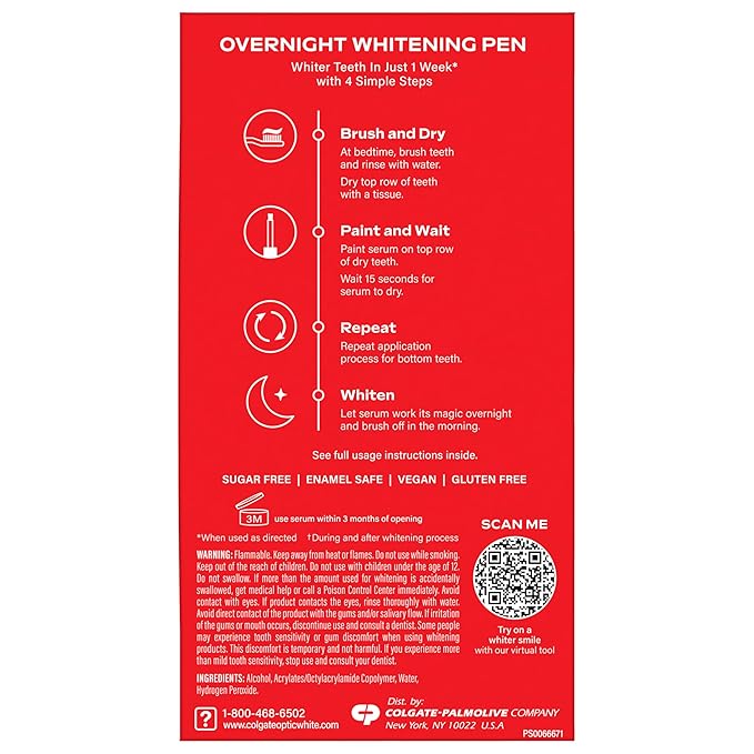 Colgate Optic White Overnight Teeth Whitening Pen, Teeth Stain Remover to Whiten Teeth, 35 Nightly Treatments, 0.08 Fl Oz