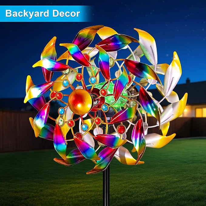54'' Wind Spinners Outdoor Solar Garden Decor Light - Unique Gemstone Colorful Windmill, Durable Waterproof Design for Garden, Lawn, Patio