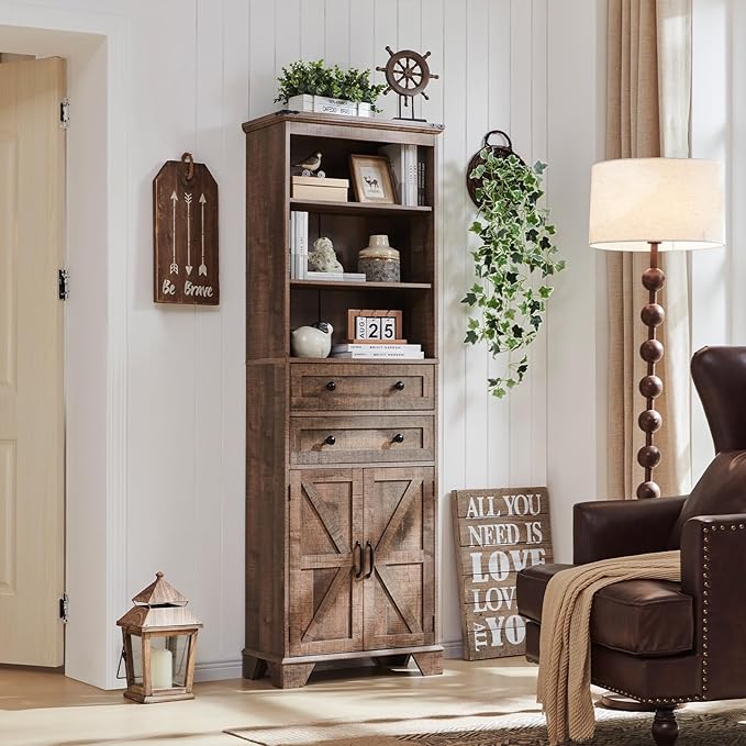 Farmhouse Bathroom Cabinet, 72" Tall Storage Cabinet with 2 Drawers, Adjustable Shelves & Barn Door, Cabinets for Bathroom, Living Room, Kitchen, Rustic Brown