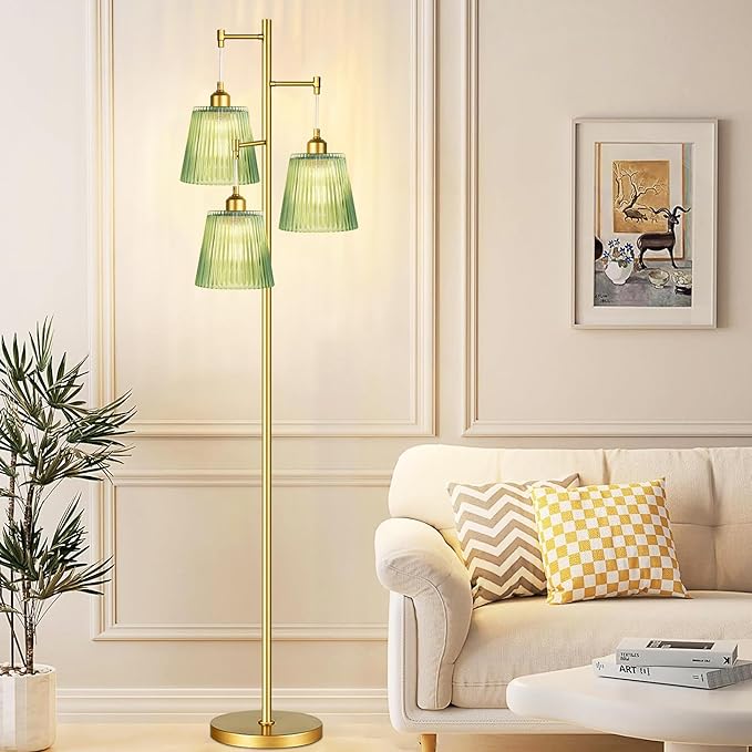 Gold Floor Lamp for Living Room,Bedroom,Mid Century Modern Standing Lamp Brass Tree 3 Light Tall Floor Lamps Vintage Retro Floor Lights Glass Green Flower Lamp Shade Farmhouse Boho Bohemian