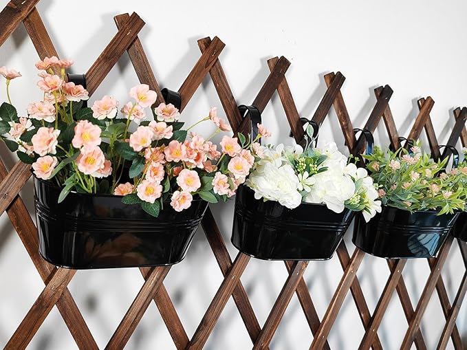 6 Pack Metal Hanging Planter for Outdoor Plants, 10 Inch Black Fence Planters Railing Pots for Garden Patio Balcony Decor, Flower Bucket with Detachable Hooks (Black, 6Pcs)