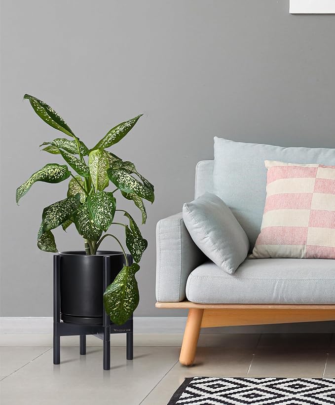 D'vine Dev Ceramic Planter with Ebony Stand - 10 Inch Modern Round Flower Pot with Wood Planter Holder, Black, 55-B-L-2