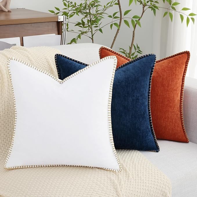decorUhome Chenille Soft Throw Pillow Covers 24x24 Set of 2, Farmhouse Velvet Neutral Decorative Euro Pillow Covers with Stitched Edge for Couch Sofa Bed Home Decor, Poseidon