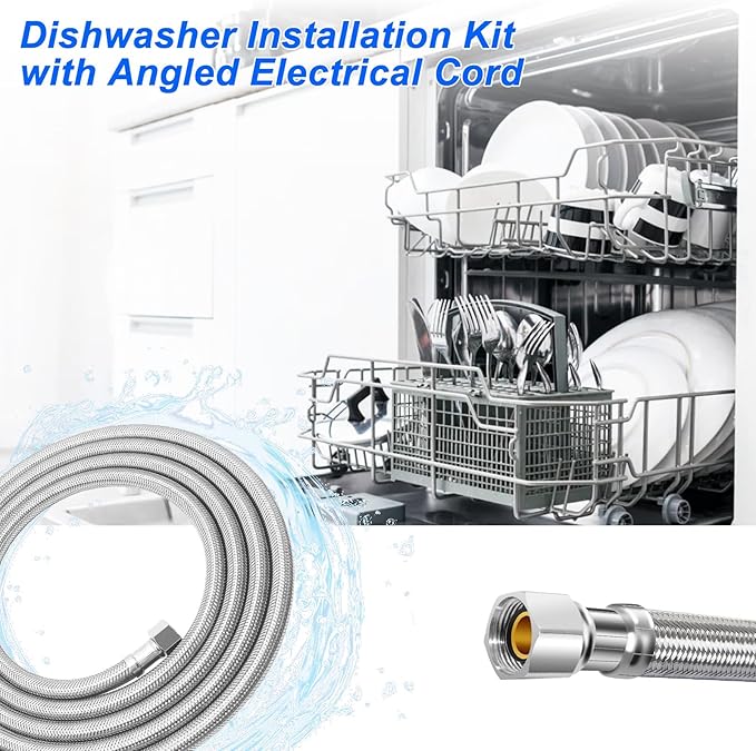 Dishwasher Installation Kit - 8 FT Stainless Steel Dishwasher Hose with 3/8" Compression Connections,Food Grade PEX Inner Tube Dishwasher Water Supply Line with Elbows,Adapters and 6 FT Power Cord