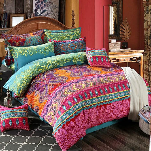 ABREEZE 3Pcs Bohemia Retro Bedding Ethnic Vintage Floral Duvet Cover Boho Bedding 100% Brushed Cotton Bedding Sets Damask Paisley Coloful Mandala Down Comforter Cover,King