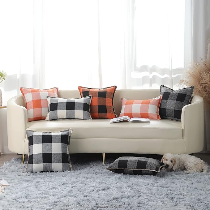 decorUhome Fall Orange and Black Decorative Throw Pillow Covers 16x16 Set of 2, Buffalo Plaid Check Farmhouse Cushion Covers with Stitched Edge for Autumn Harvest Couch Sofa Bed Home Decor