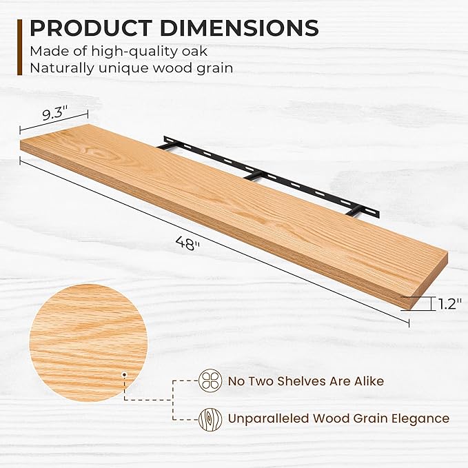 Fun Memories Solid Oak Wood Floating Shelves, 9.3 Inch Deep Natural Wood Shelf with Invisible Heavy Duty Bracket for Bathroom Bedroom Kitchen - 48inch Set of 1, Natural