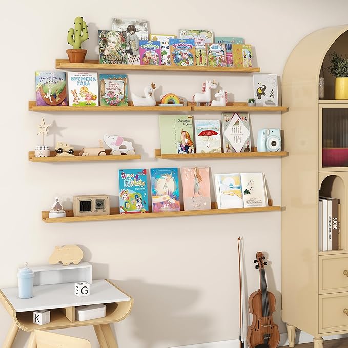 Fun Memories Picture Ledge Shelves Set of 2, 36 Inch Rustic Wall Mounted Floating Shelves with Lip for Home Storage and Décor in Bathroom, Kitchen, Nursery, Bedroom, Living Room, Oak