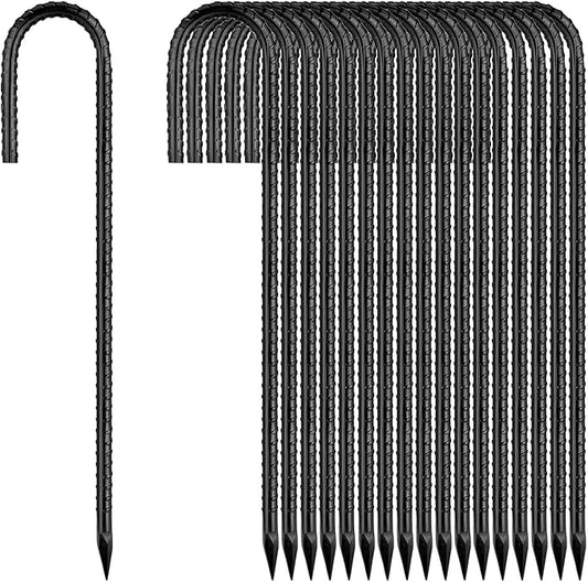 Ground-Stakes-Heavy-Duty-12 inch, J-Hook Rebar Stakes Black Coated Anti-Rust 50pcs Garden Stakes Metal Ground Anchors for Garden Dog Fence Chicken Coop Christmas Decorations Deer Fence