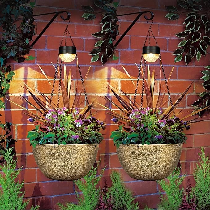 2 Packs Hanging Planters Basket for Outdoor Plants, Solar Powered Self Watering Copper Round Plastic Flower Pots with Drainer for Balcony Patio Garden Outdoor Decoration