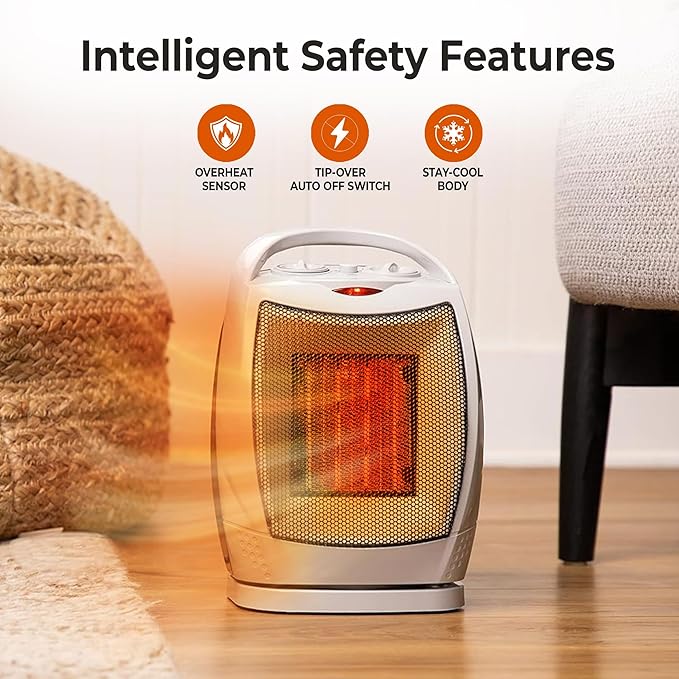 Comfort Zone Oscillating Indoor Space Heater, Portable, Ceramic, Electric, Energy-Efficient, Adjustable Thermostat, Tip-Over Switch, Overheat Protection, Ideal for Home, Bedroom, Office, 1500W, CZ449E