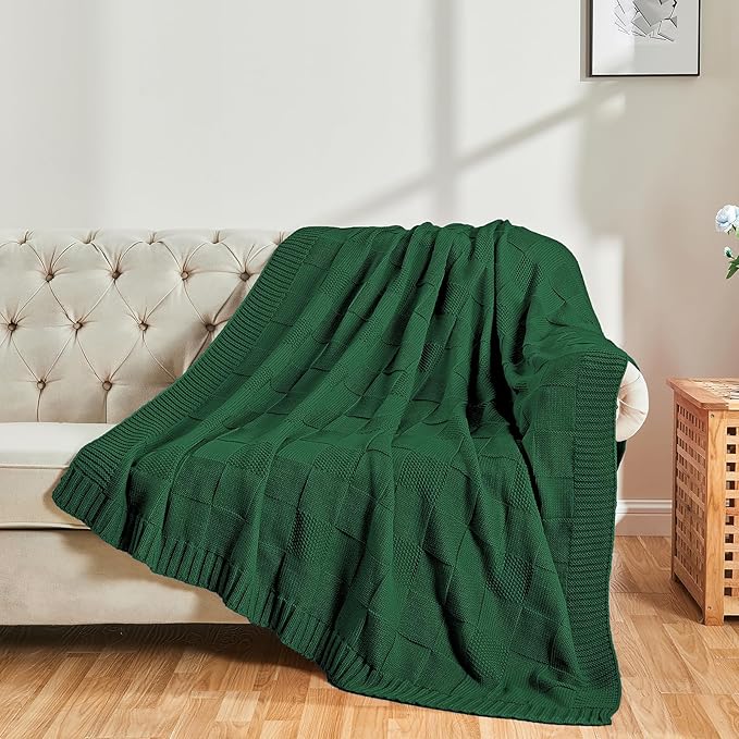 CozeCube Knit Throw Blanket, Green Checkered Throw for Couch, Soft Cozy Warm Knitted Blanket for Bed Sofa Living Room, 60"X80", Forest Green