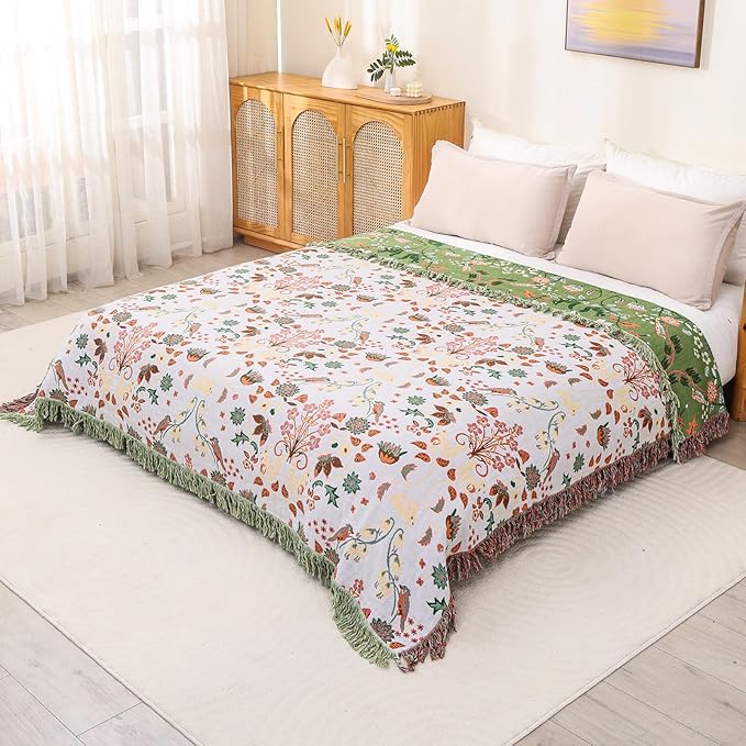 Boho Throw Blanket 80"x90", 100% Cotton Ultra Soft Luxury Throw for Couch and Sofa Blankets Home Decor, All Season Florals and Animals Throw Reversible Breathable Cozy Blankets