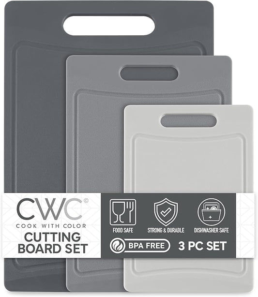 COOK WITH COLOR Non-Slip Cutting Board Set – Kitchen Essentials with Easy Grip Handle for Meat, Veggies, and Fruits, 3 Cutting Boards, Gray