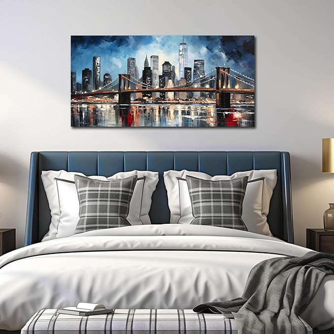 Brooklyn Bridge Wall Decor for Living Room City Canvas Wall Art for Office Blue and Black Bedroom Wall Art 24 x 48 Inch