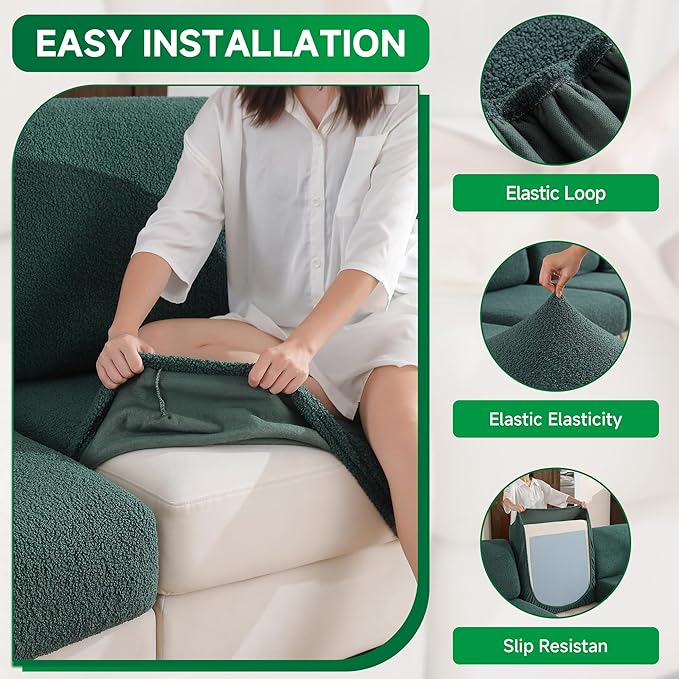 Couch Cushion Covers for Sectional Sofa, Stretch Soft Sofa Slipcovers Washable Wear-Resistant Universal Furniture Protector for Living Room(3 Seaters Covers+1 Chaise Cover, Green)