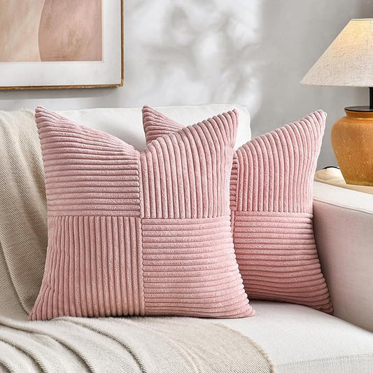 Fancy Homi 2 Packs Blush Pink Big Decorative Throw Pillow Covers 24x24 Inch for Living Room Couch Bed Sofa, Rustic Farmhouse Boho Home Decor, Soft Corss Corduroy Patchwork Accent Cushion Case 60x60 cm