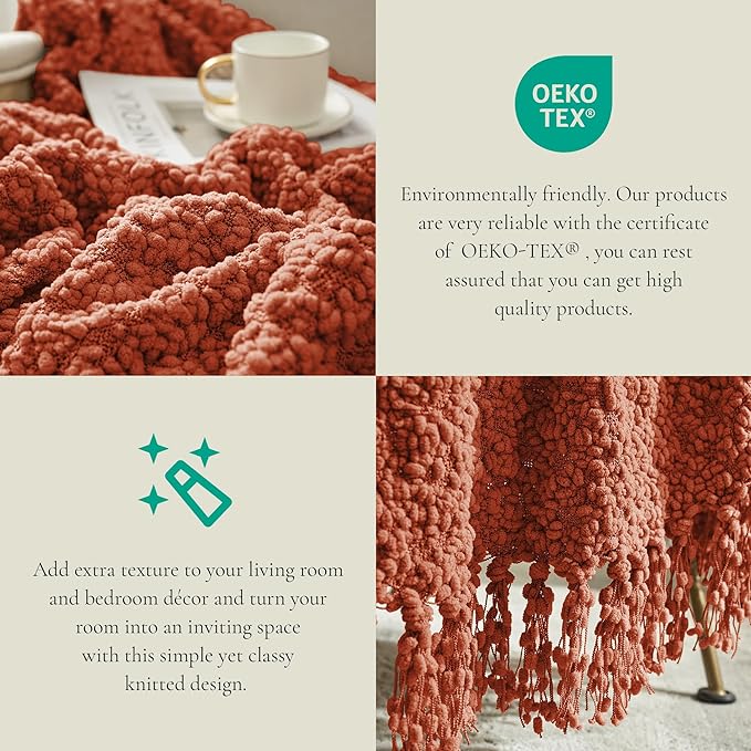 Amélie Home Knit Throw Blanket with Tassels for Couch, Luxury Boho Throw Blanket for Summer Orange, 50"x60"