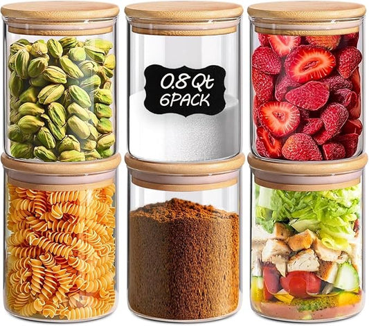 ComSaf 0.8 Qt Glass Food Storage Jars Set of 6, Clear Glass Storage Containers with Lids, Pantry Organization Jar, Spice Jar, Blooming Tea, Coffee and Sugar Container, Small Canister Set for Kitchen