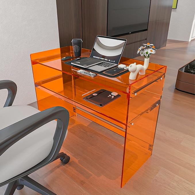 Acrylic Desk with Retaining Edge, Orange Acrylic Table, Console Table for Office, Study, Bedroom, Entrance Decor (17.7" D x 39.4" W x 31.5" H, Orange)
