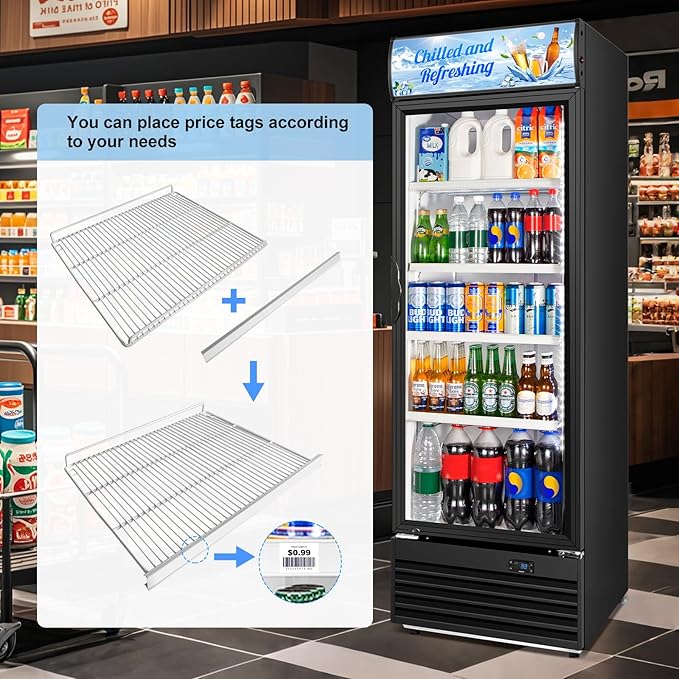 Commercial Beverage Refrigerator, 24 Inch Beverage Fridge, 15 Cu. Ft. Drink Fridge, Display Refrigerator Glass Door, Commercial Display Fridge with Customizable Light Box for Shops, Restaurants, Bars