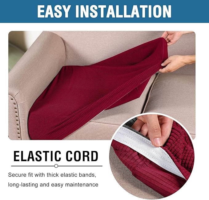 H.VERSAILTEX Super Stretch Individual Seat Cushion Covers - Sofa & Couch Cushion Slipcover Sets - Thick Jacquard Textured Twill Fabric (3 Piece XL Sofa Cushion Covers, Burgundy Red)