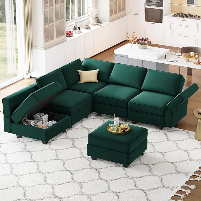 Belffin Modular Velvet Sectional Sofa with Chaise Lounge Sectional Sleeper Sofa with Storage Chaise Bed Couch for Living Room Green