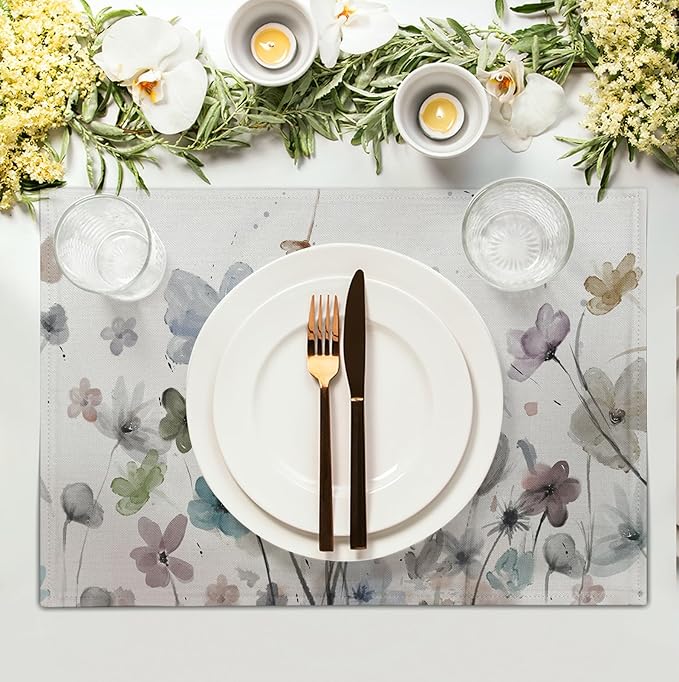 Flower Placemats Set of 4 Brown Cream Grey Poppy Flowers Table Mats Watercolor Rustic Vintage Floral Place Mat Farmhouse Linen Fabric Placemat for Party Kitchen Dining Outdoor Indoor Decor 12x18 Inch