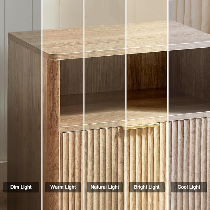 Fluted Nightstand, Natural Oak Bedside Table with Drawer and Storage, Wood End Table Mid Century Modern, Large Night Stand for Bedroom