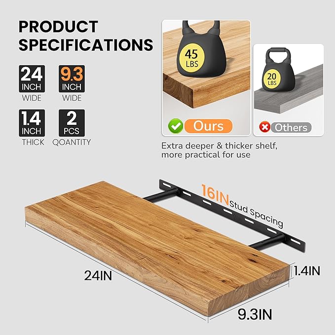 Fun Memories Floating Shelves for Wall, 24"x9.3" Rustic Solid Elm Wood Shelves, Heavy-Duty Wall Mounted Shelves with Invisible Brackets, Set of 2 for Living Room, Bedroom, Kitchen, Natural Finish