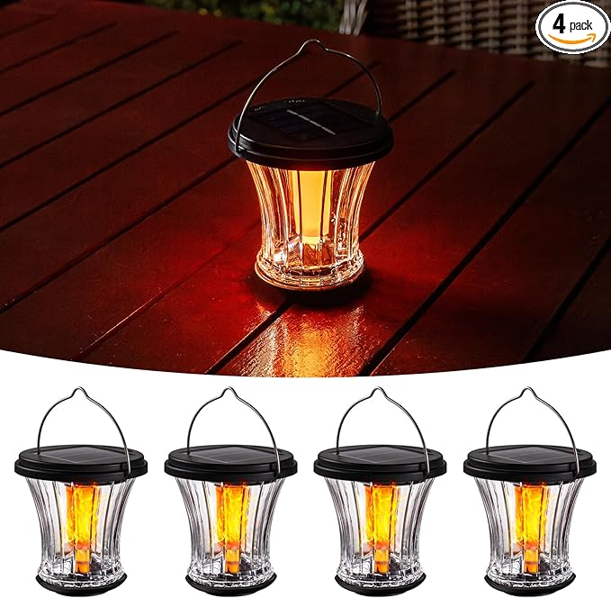 Glass Solar Lantern Outdoor Lights Waterproof, Flickering Flame Solar Lights with Modular Design, Auto On/Off Decorative Hanging Lanterns for Patio Garden Pathway Camping Deck Yard (4 Pack)