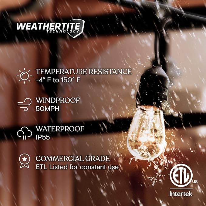 Brightech Ambience Pro Incandescent Outdoor String Lights - Commercial Grade Waterproof Patio Lights with 24 Ft Dimmable Edison Bulbs, Porch String Lights for Patio, Backyard, Christmas - 7 Bulbs 11W