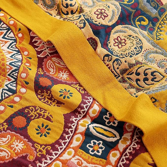 Boho Muslin Blanket for Adults 4-Layer Gauze 80 x 90 Inches Soft Cozy 100% Cotton Summer Cooling Blanket Geometric Floral Decor for Sofa Bed Coverlet Both Sides (A Boho Figure Orange, 80 x 90 in)