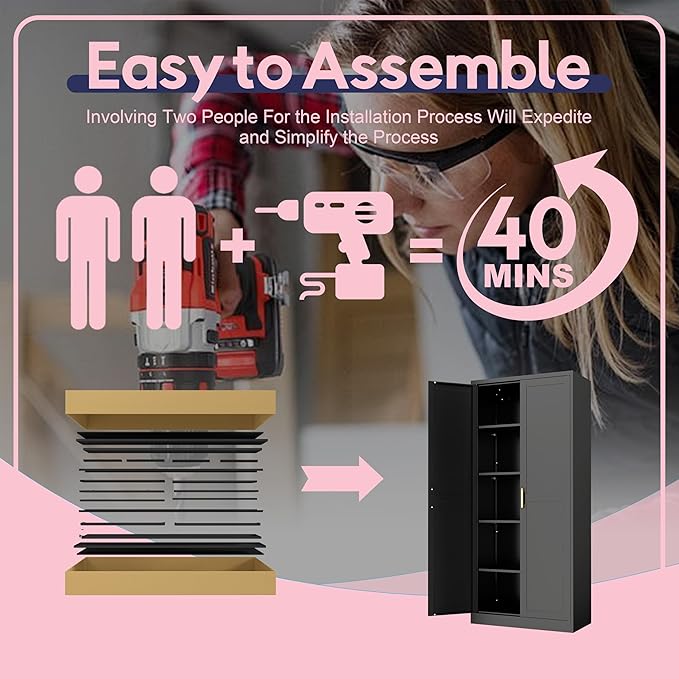 71" Storage Cabinet, Metal Pantry Cabinet, Kitchen Pantry Storage Cabinets with Doors and 4 Shelves for Laundry Room, Living Room, Dinning Room, Assembly Required, Black