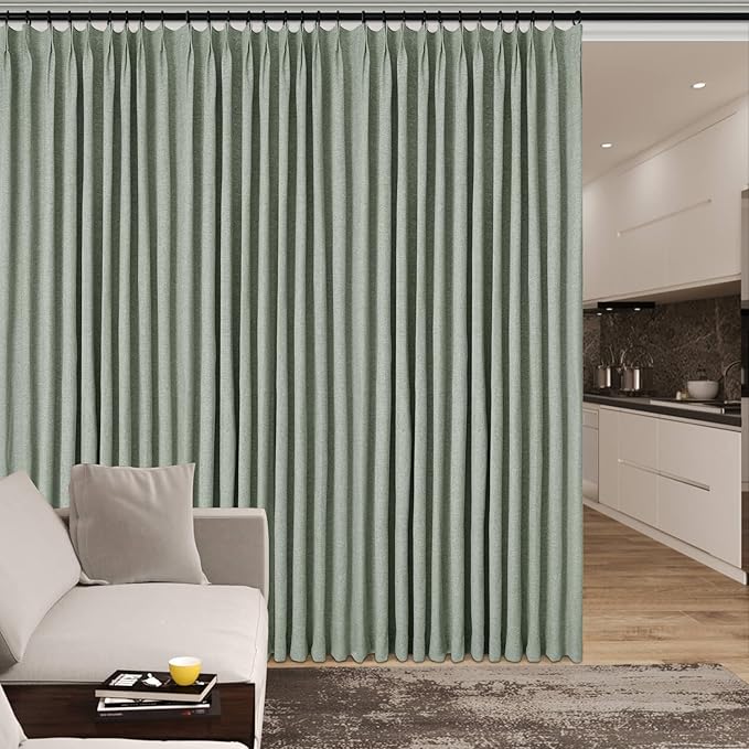 100% Blackout Linen Textured Drapes for Bedroom Pinch Pleated Curtains for Track System Portable Drapery for Sliding Glass Door/Storage/Space Room Divider, 70" Wx102 L, 1 PC, Fog Green