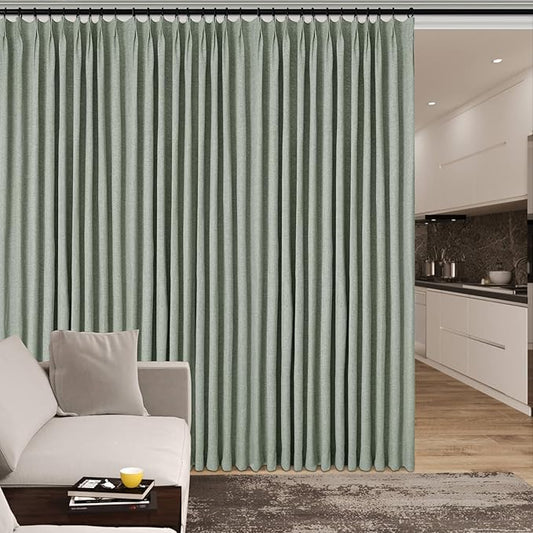 Extra Wide 100% Blackout Linen Textured Curtains - Room Dividers, W150 x L108 (1 Panel), Pinch Pleat Drapes for Living Room, Full Light Block Out Drapery for Sliding Door, Fog Green