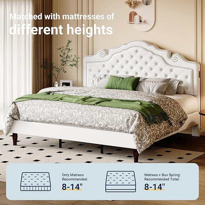 Allewie King Bed Frame with Adjustable Velvet Tiara Headboard, Upholstered Diamond Button Tufted Platform Bed, Wood Slats Support, No Box Spring Needed, Mattress Foundation, Easy Assembly, White