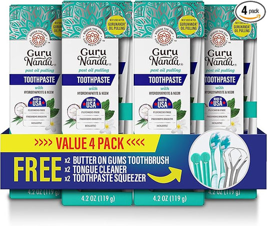 GuruNanda Hydroxyapatite Toothpaste, SLS & Fluoride Free (4 Pack), Whitening Toothpaste - Freshens Breath, Fights Plaque - with 2 Toothbrushes, 2 Tongue Scrapers & 2 Tube Squeezers