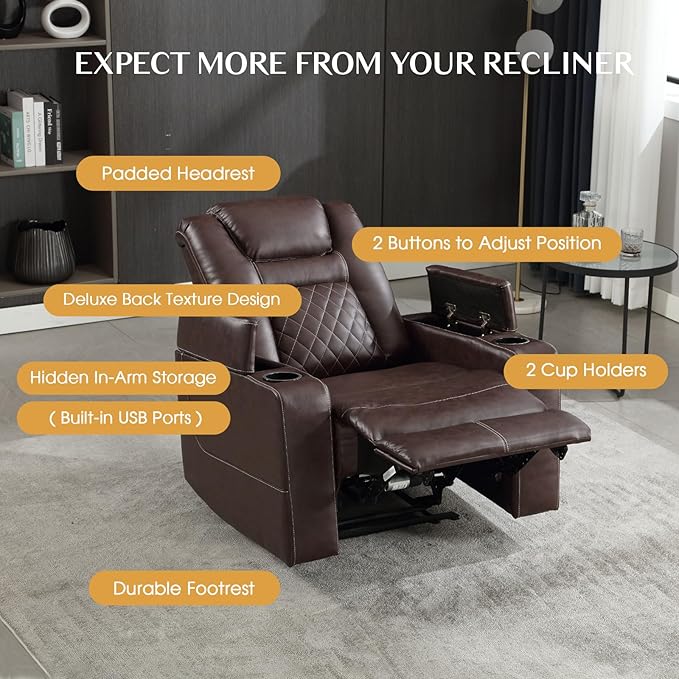 CANMOV Electric Power Recliner Chair Set of 2, Breathable Leather Home Theater Seating with Hidden Arm Storage, Power Recliner Chair for Living Room with USB Ports and Cup Holders,Red Brown