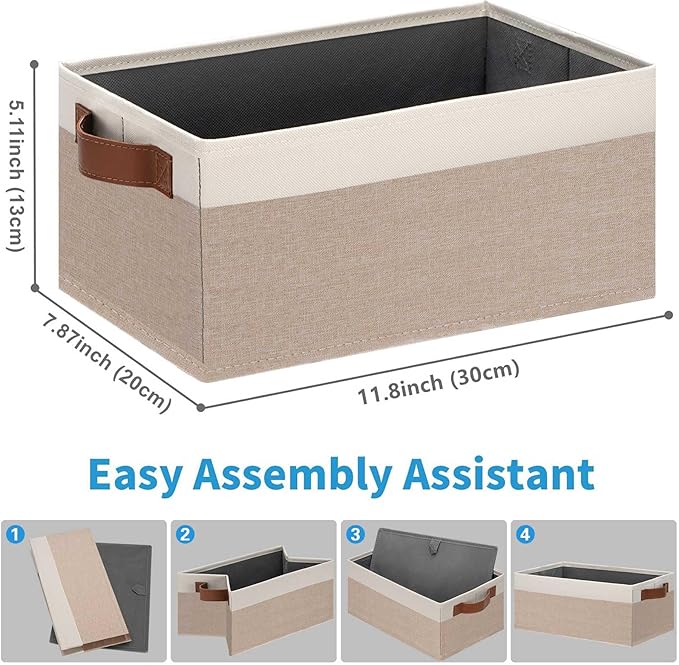 GhvyenntteS Small Fabric Storage Bins 6 Pack, 11.8" x 7.87" x 5.11" Storage Basket with Leather Handles, Closet Storage Bins for Shelves, Storage Baskets for Shelves, DVD Storage (Pink/White)