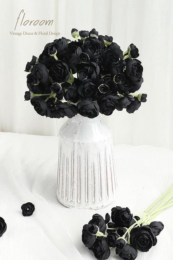 Floroom Ranunculus Artificial Flowers 18 Pcs Black Faux Silk Mini Ranunculus Bulk Fake Wedding Filler Flowers for DIY Bouquets, Centerpieces, Bridal Shower Decorations & Arrangements