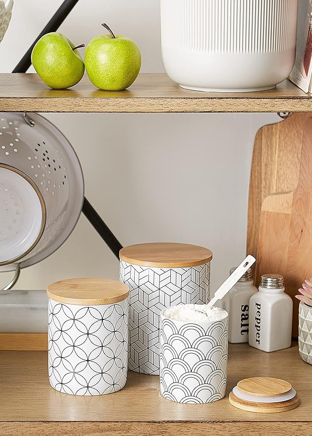 DII Kitchen Ceramics Collection, Canister Set, Mixed Print, White/Black, 3 Piece