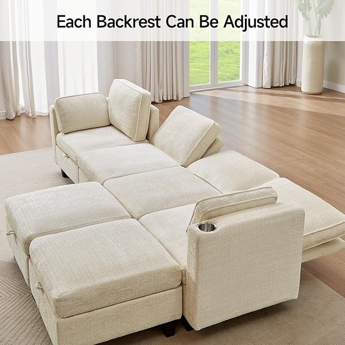 110" Modular Sectional Sofa, Convertible Sleeper Sofa Couch Bed with Adjustable Backrest, U-Shaped Chenille Cloud Couch with Ottoman Storage, Deep Seat Couches for Living Room,Beige