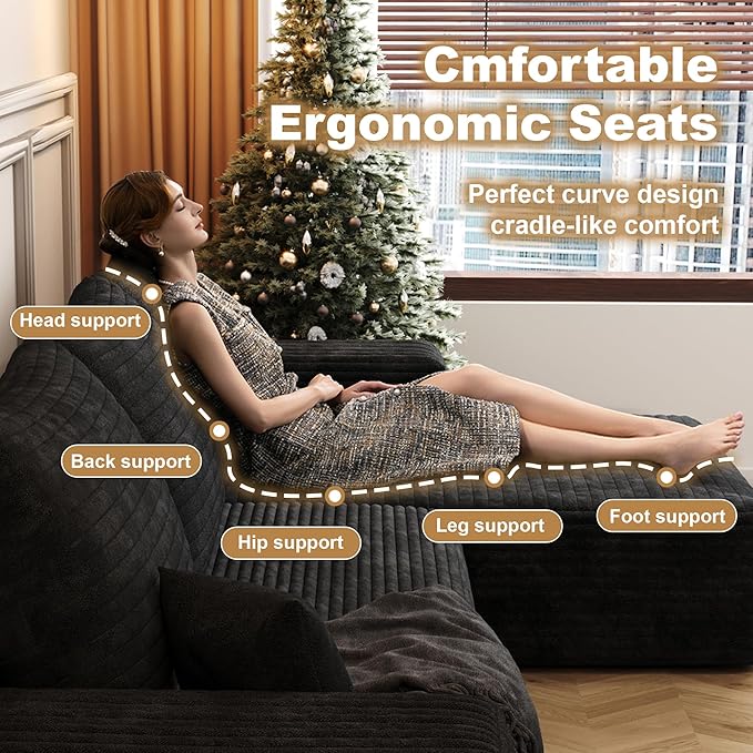 108" Sectional Couches for Living Room Modern Modular Sofa with L-Shape Couchs Upholstered Boneless Couch Deep Seat Sectional Couch with Chaise (Black, Right Facing Chaise+2Seaters)